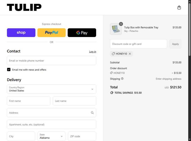 Tulip checkout page showing Tulip promo code box | Screenshot taken by SimplyCodes community member on Sep 7, 2025