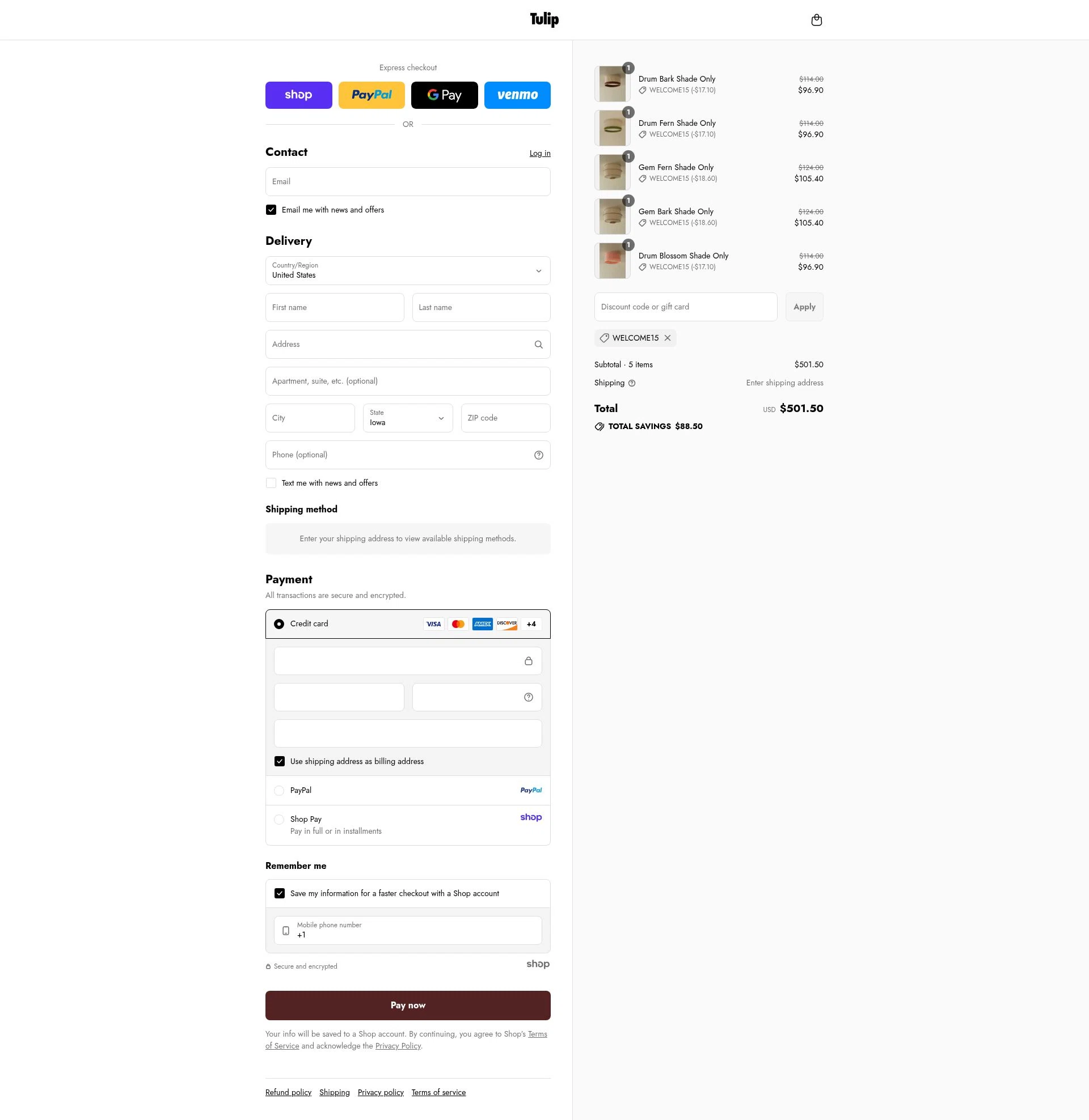 Tulip Shades checkout page showing Tulip Shades discount code box | Screenshot taken by SimplyCodes community member on Aug 30, 2025