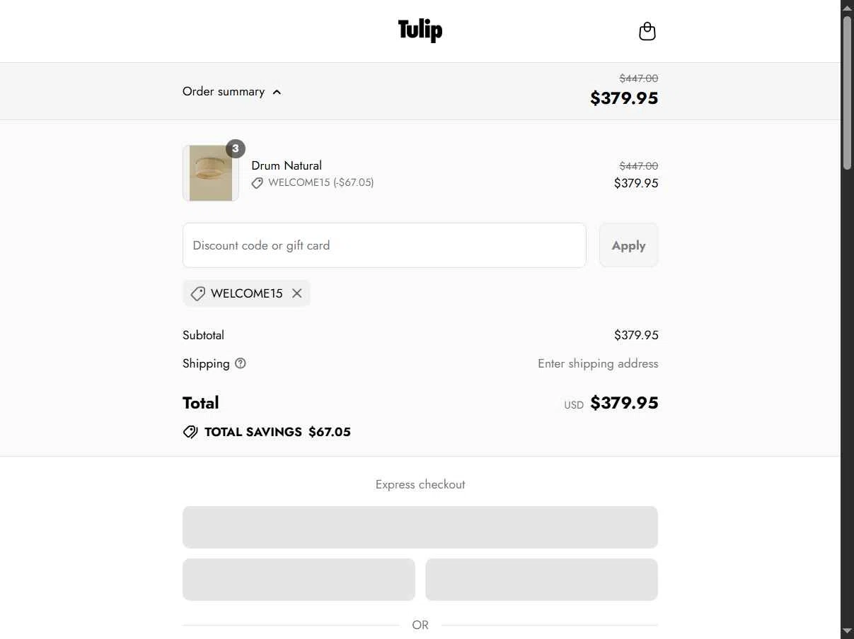 Tulip Shades checkout page showing Tulip Shades discount code box | Screenshot taken by SimplyCodes community member on Aug 28, 2025