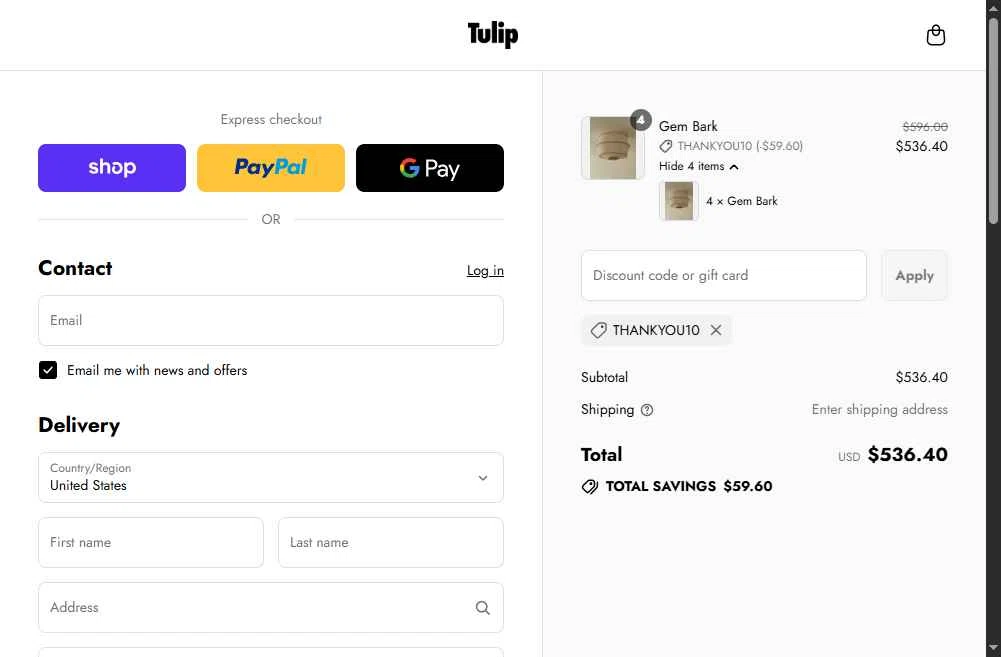Tulip Shades checkout page showing Tulip Shades discount code box | Screenshot taken by SimplyCodes community member on Aug 28, 2025