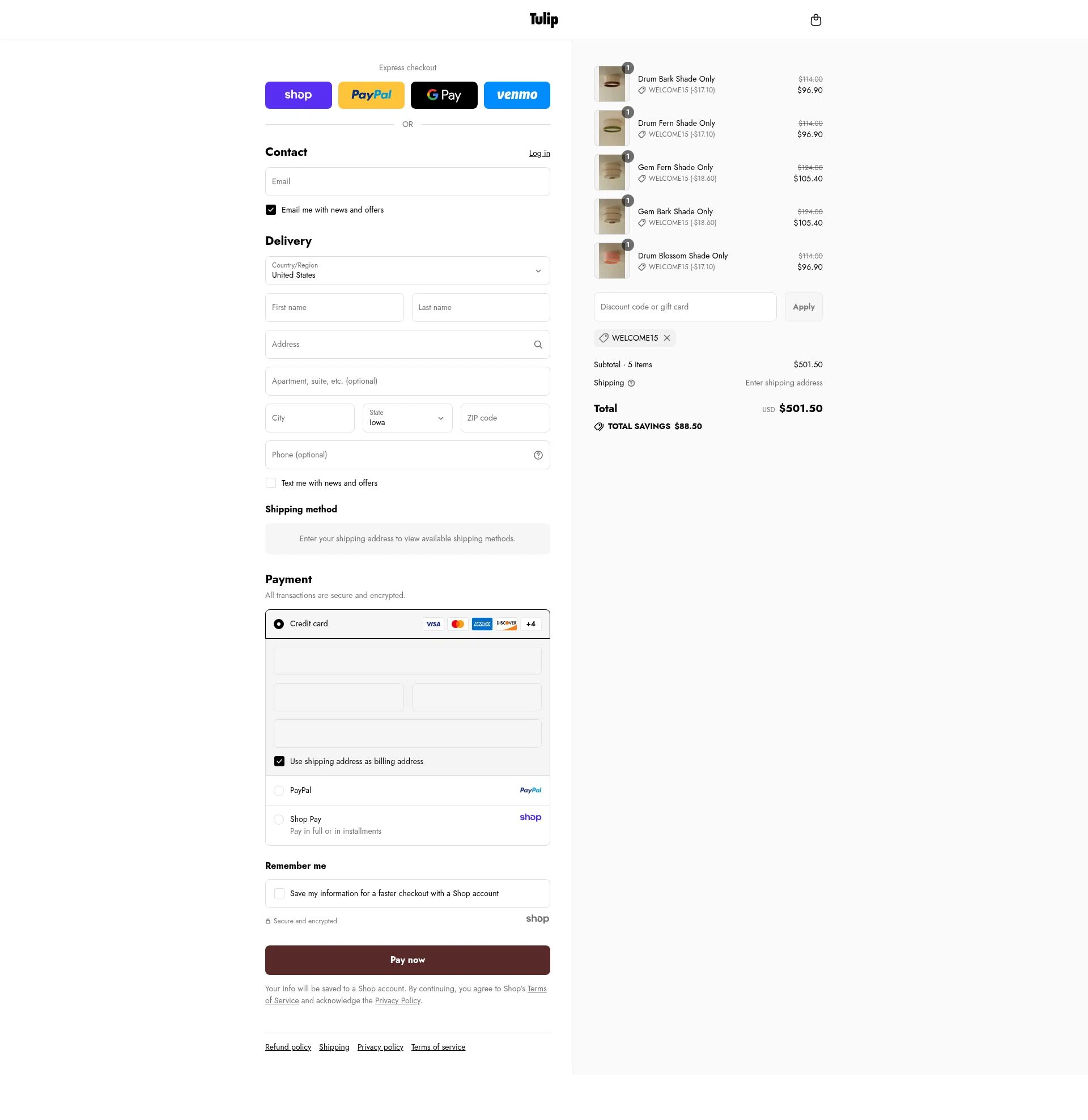 Tulip Shades checkout page showing Tulip Shades discount code box | Screenshot taken by SimplyCodes community member on Sep 3, 2025