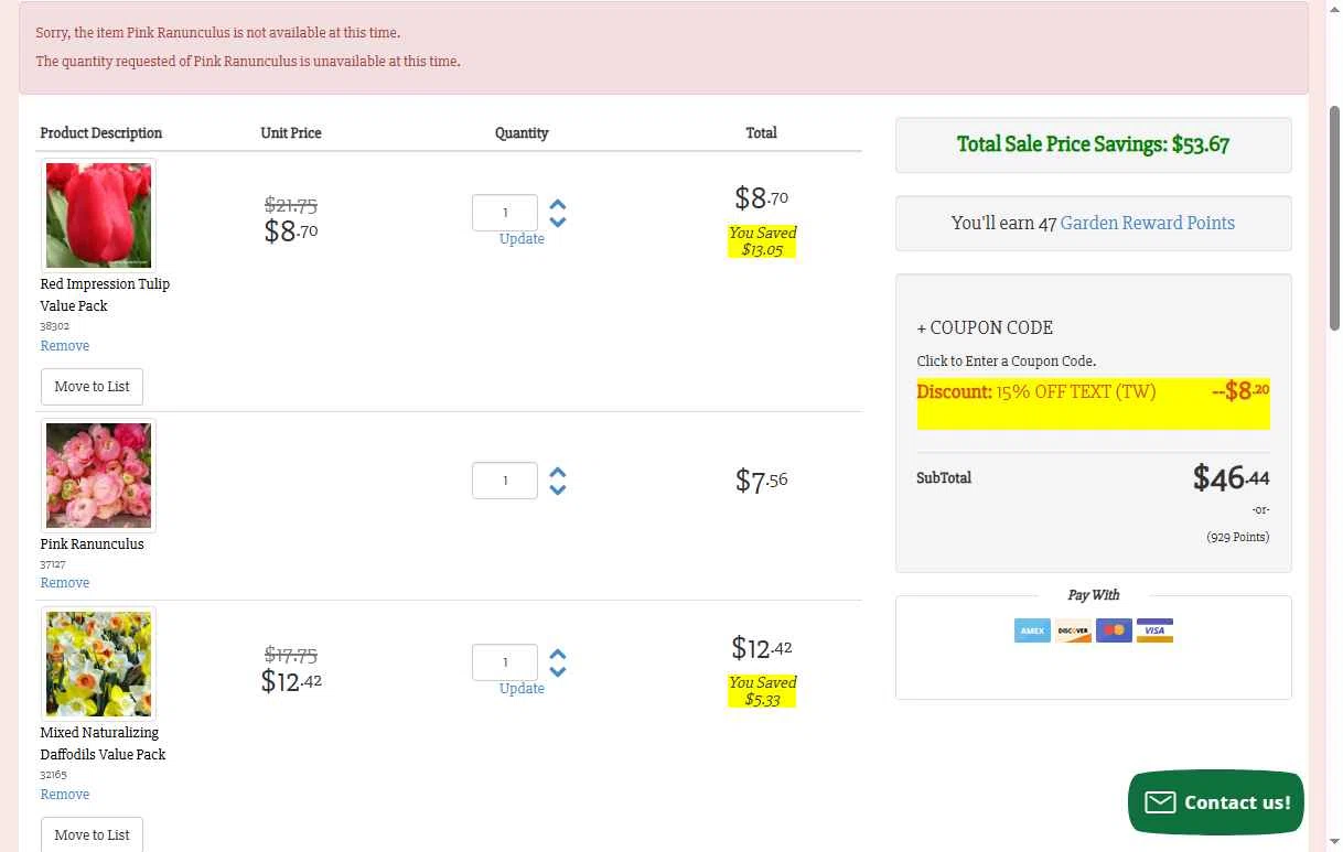 Tulip World checkout page showing Tulip World coupon code box | Screenshot taken by SimplyCodes community member on Oct 29, 2025