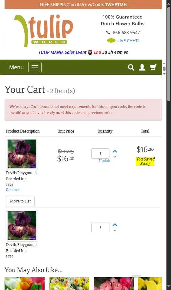 Tulip World checkout page showing Tulip World coupon code box | Screenshot taken by SimplyCodes community member on Oct 9, 2025