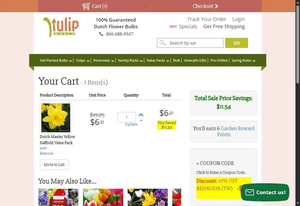 Tulip World checkout page showing Tulip World coupon code box | Screenshot taken by SimplyCodes community member on Jan 4, 2026