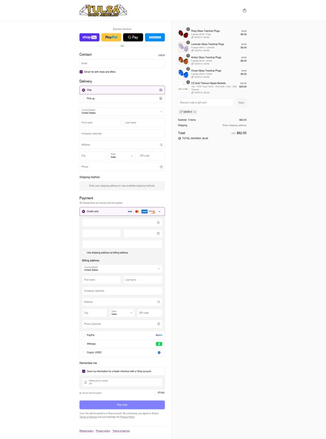 Tulsa Body Jewelry checkout page showing Tulsa Body Jewelry promo code box | Screenshot taken by SimplyCodes community member on Aug 26, 2025
