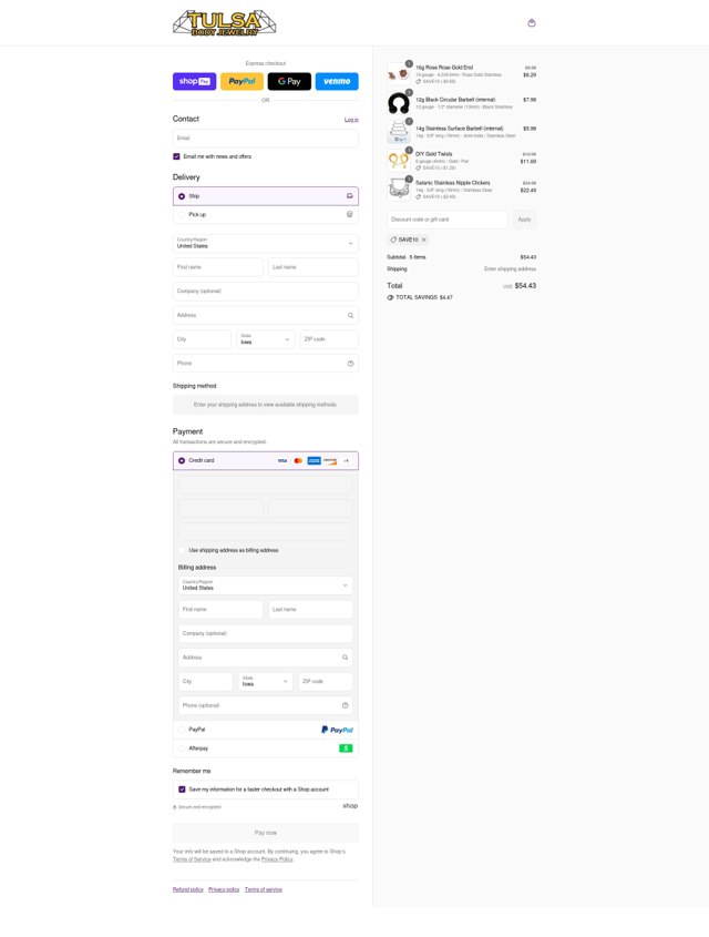 Tulsa Body Jewelry checkout page showing Tulsa Body Jewelry promo code box | Screenshot taken by SimplyCodes community member on Aug 4, 2025