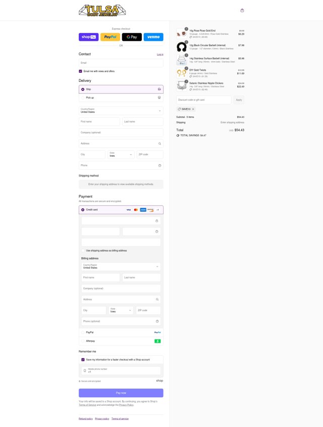 Tulsa Body Jewelry checkout page showing Tulsa Body Jewelry promo code box | Screenshot taken by SimplyCodes community member on Aug 13, 2025