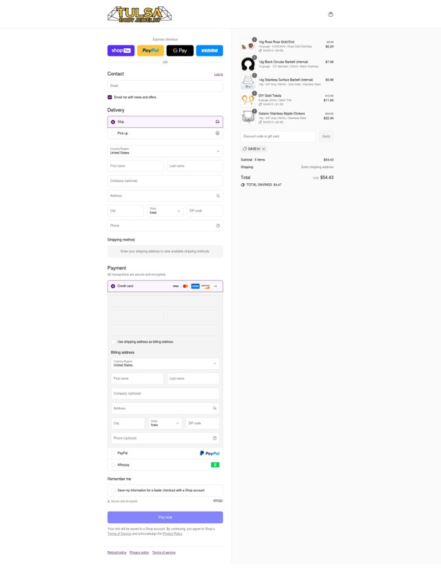 Tulsa Body Jewelry checkout page showing Tulsa Body Jewelry promo code box | Screenshot taken by SimplyCodes community member on Jul 28, 2025