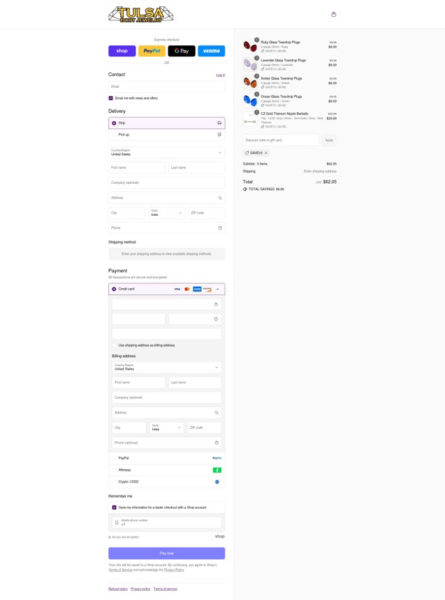 Tulsa Body Jewelry checkout page showing Tulsa Body Jewelry promo code box | Screenshot taken by SimplyCodes community member on Aug 30, 2025