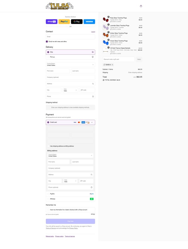 Tulsa Body Jewelry checkout page showing Tulsa Body Jewelry promo code box | Screenshot taken by SimplyCodes community member on Aug 22, 2025