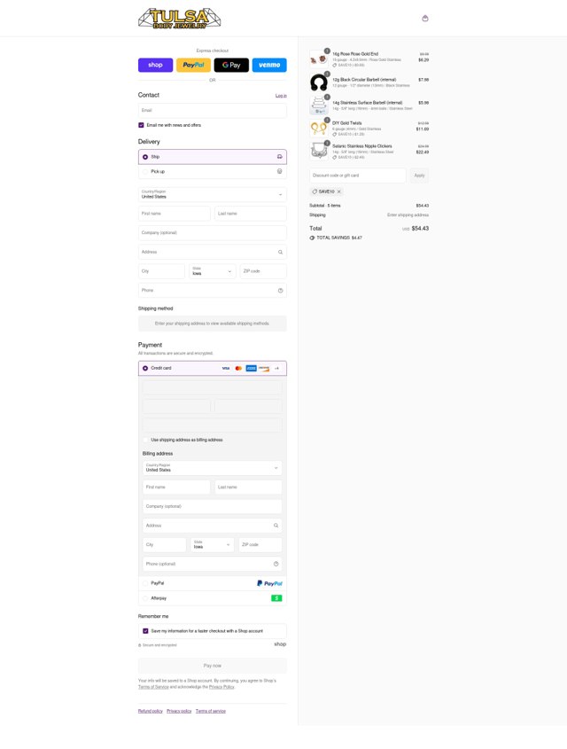 Tulsa Body Jewelry checkout page showing Tulsa Body Jewelry promo code box | Screenshot taken by SimplyCodes community member on Aug 12, 2025