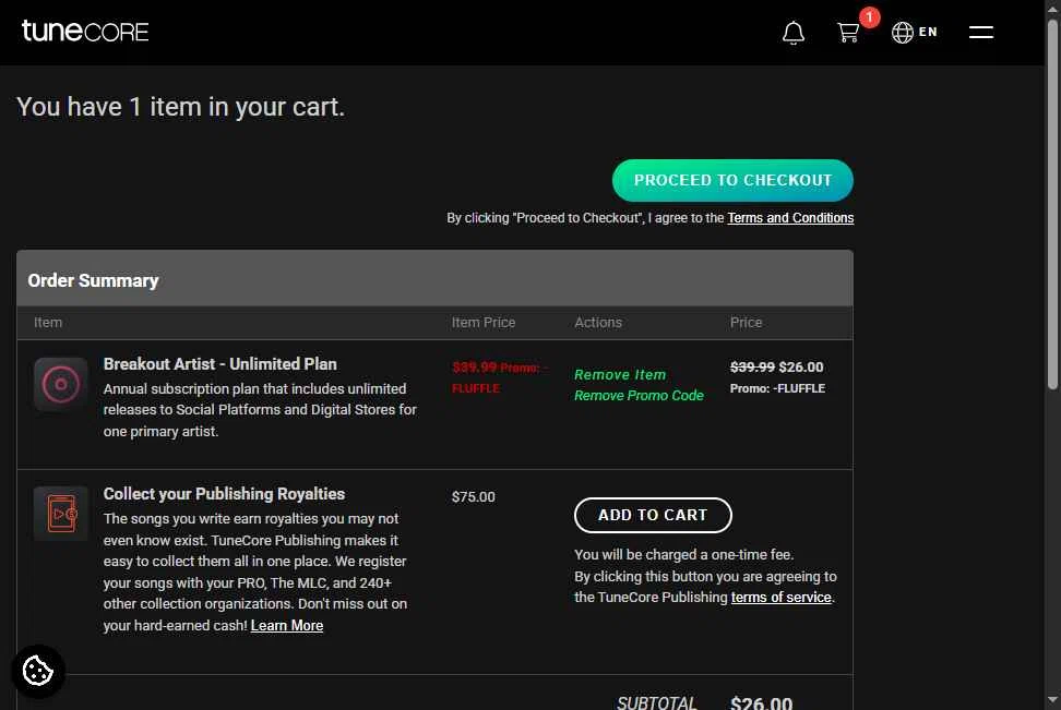 Tune Core checkout page showing Tune Core promo code box | Screenshot taken by SimplyCodes community member on Sep 19, 2025