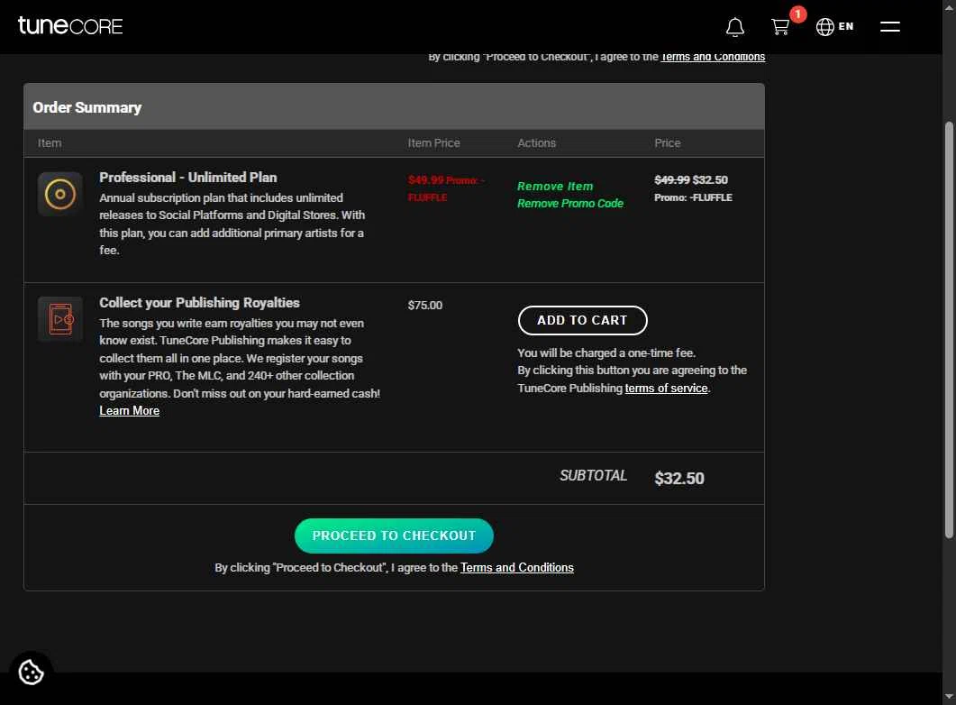 Tune Core checkout page showing Tune Core promo code box | Screenshot taken by SimplyCodes community member on Nov 8, 2025