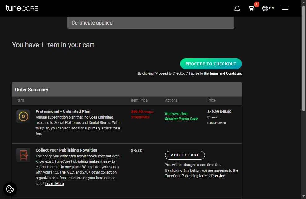 Tune Core checkout page showing Tune Core promo code box | Screenshot taken by SimplyCodes community member on Jan 16, 2026