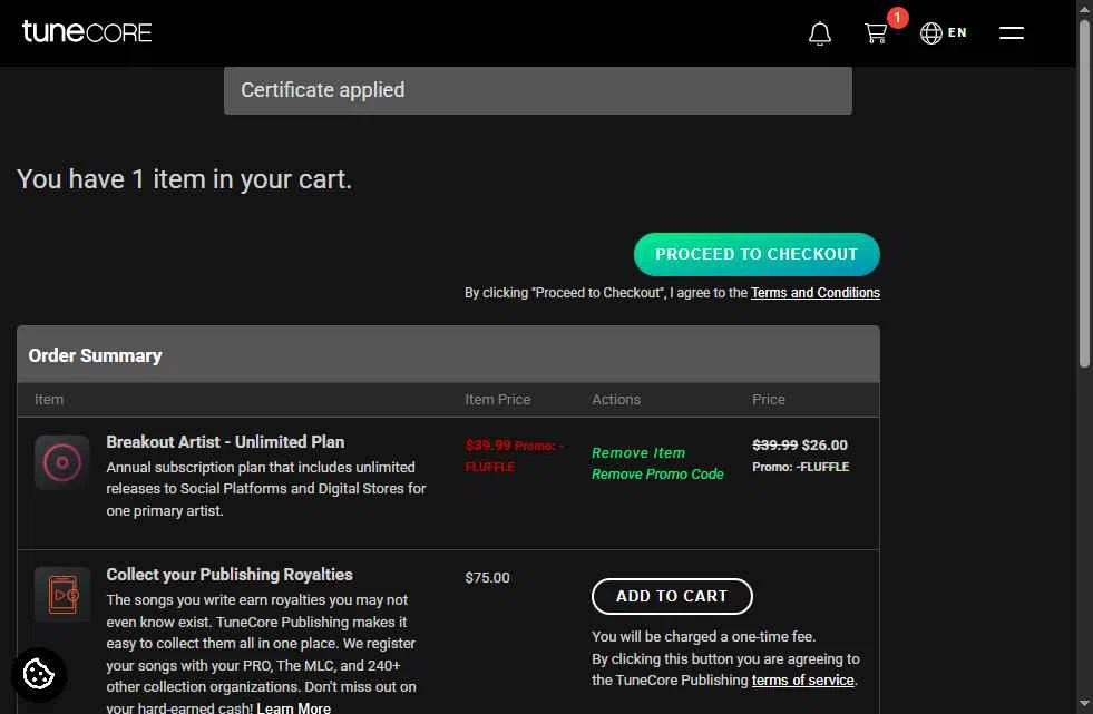 Tune Core checkout page showing Tune Core promo code box | Screenshot taken by SimplyCodes community member on Nov 13, 2025