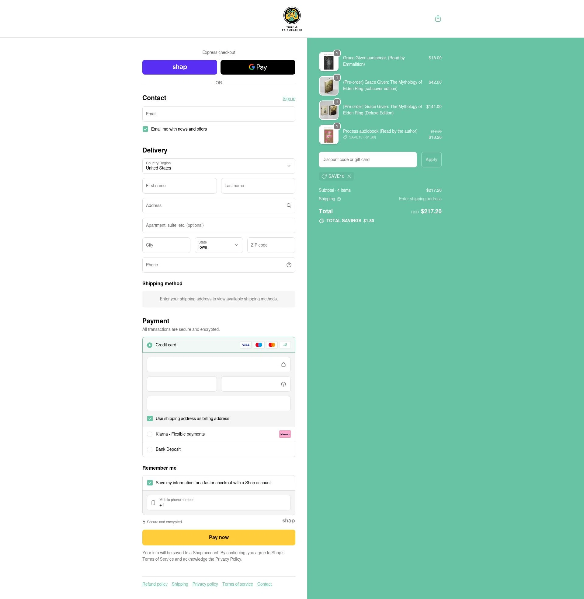Tune & Fairweather checkout page showing Tune & Fairweather discount code box | Screenshot taken by SimplyCodes community member on Nov 4, 2025