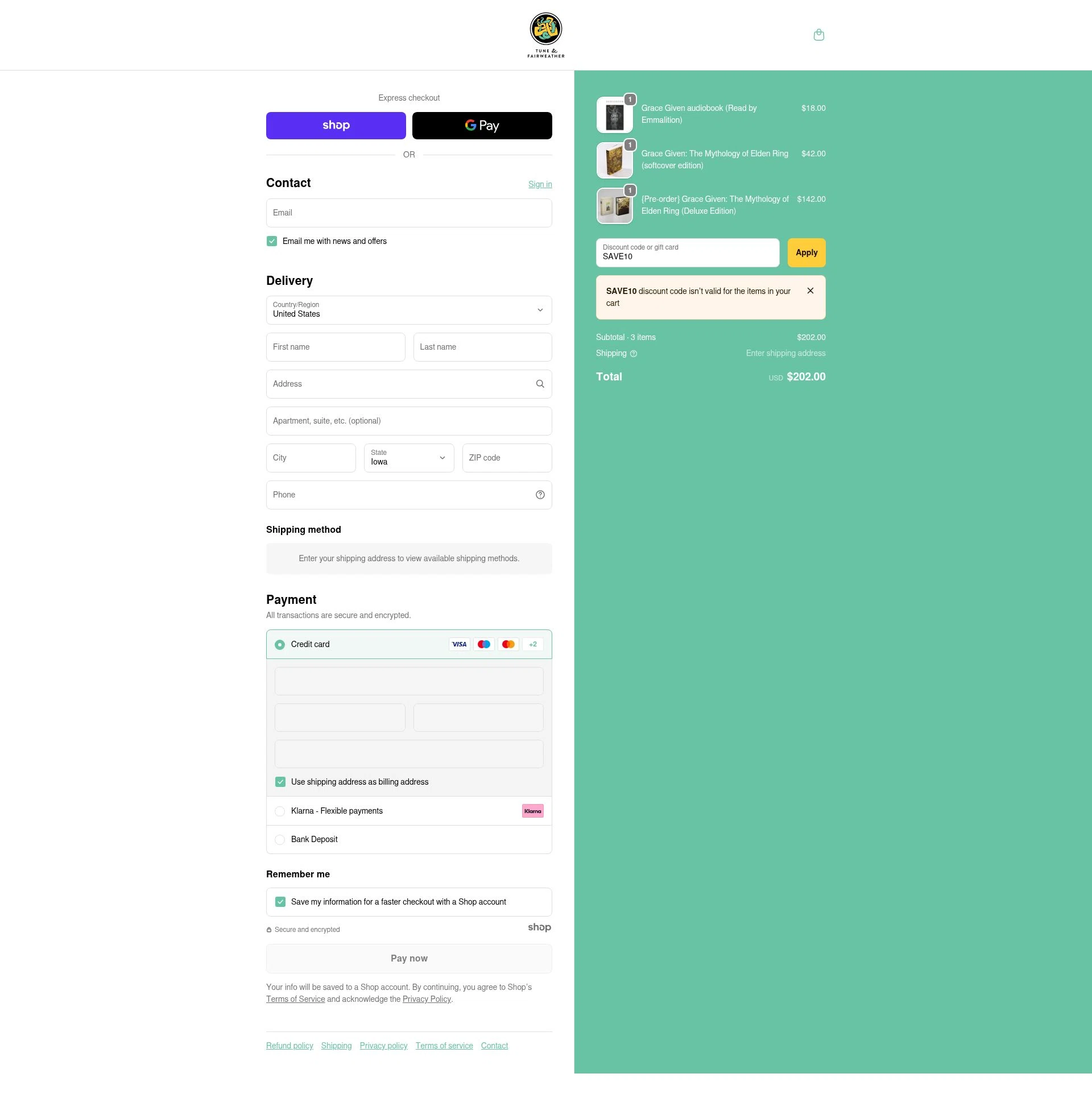 Tune & Fairweather checkout page showing Tune & Fairweather discount code box | Screenshot taken by SimplyCodes community member on Nov 25, 2025