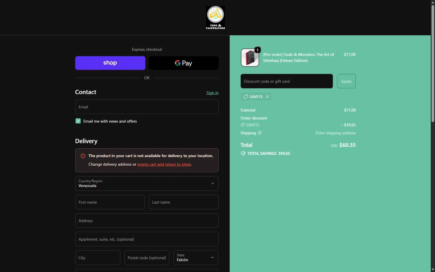 Tune & Fairweather checkout page showing Tune & Fairweather discount code box | Screenshot taken by SimplyCodes community member on Nov 11, 2025