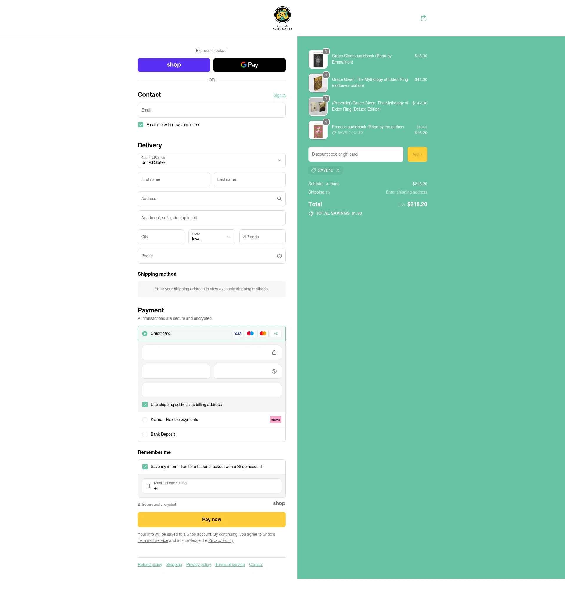 Tune & Fairweather checkout page showing Tune & Fairweather discount code box | Screenshot taken by SimplyCodes community member on Nov 10, 2025