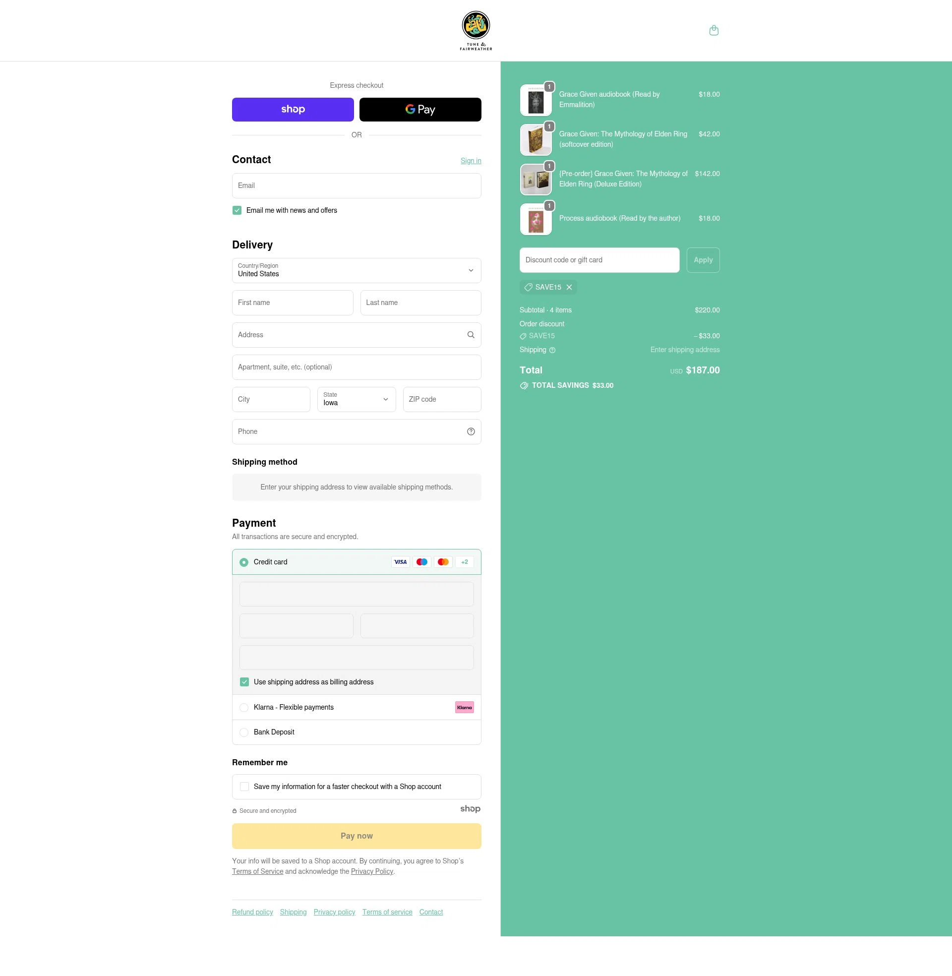 Tune & Fairweather checkout page showing Tune & Fairweather discount code box | Screenshot taken by SimplyCodes community member on Nov 10, 2025
