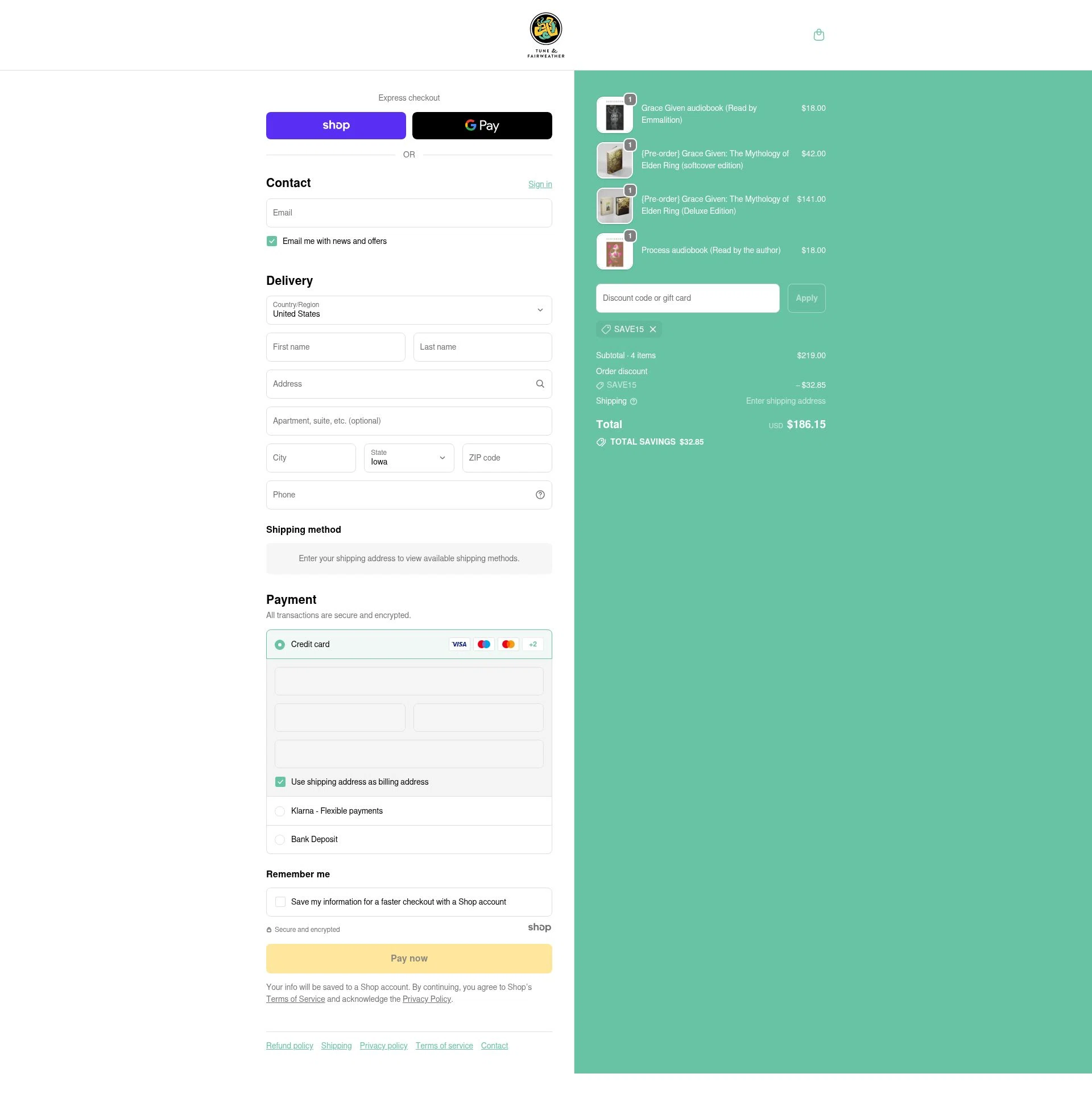 Tune & Fairweather checkout page showing Tune & Fairweather discount code box | Screenshot taken by SimplyCodes community member on Nov 4, 2025