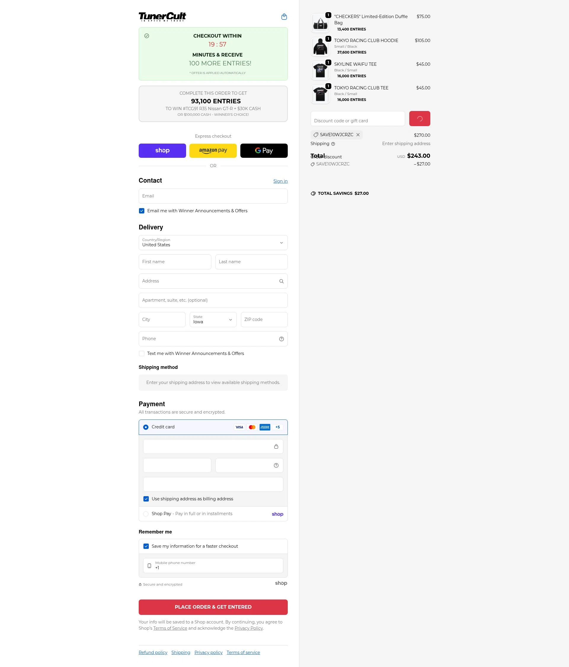 Tuner Cult checkout page showing Tuner Cult promo code box | Screenshot taken by SimplyCodes community member on Jan 27, 2026