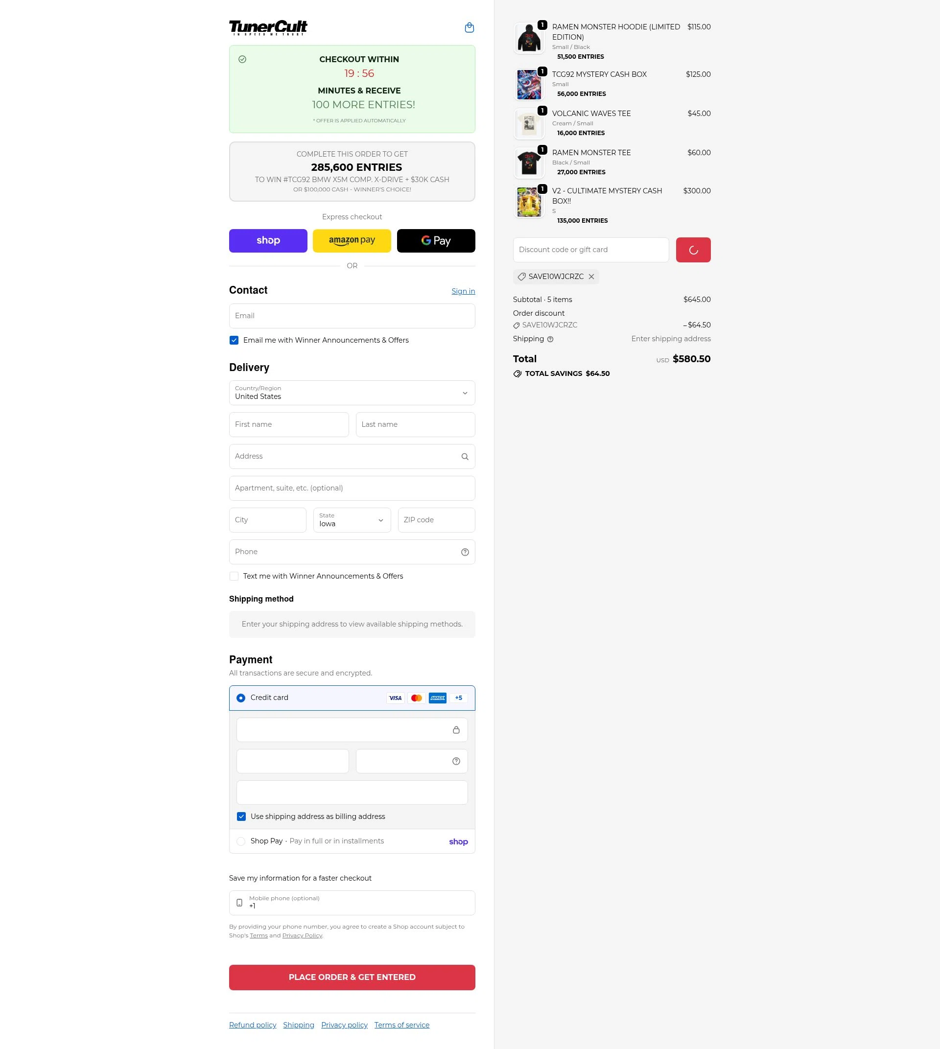 Tuner Cult checkout page showing Tuner Cult promo code box | Screenshot taken by SimplyCodes community member on Feb 9, 2026