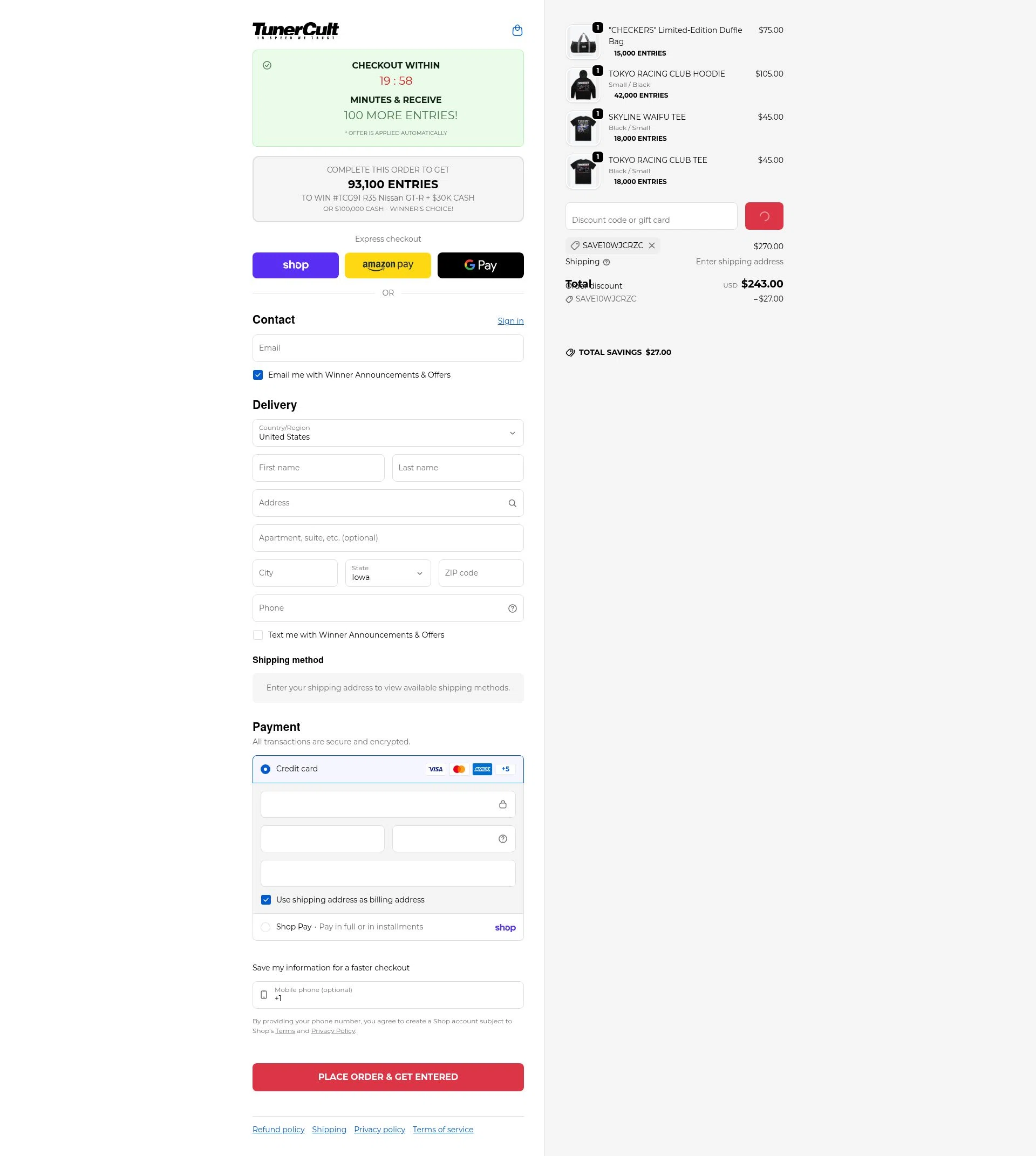 Tuner Cult checkout page showing Tuner Cult promo code box | Screenshot taken by SimplyCodes community member on Jan 31, 2026