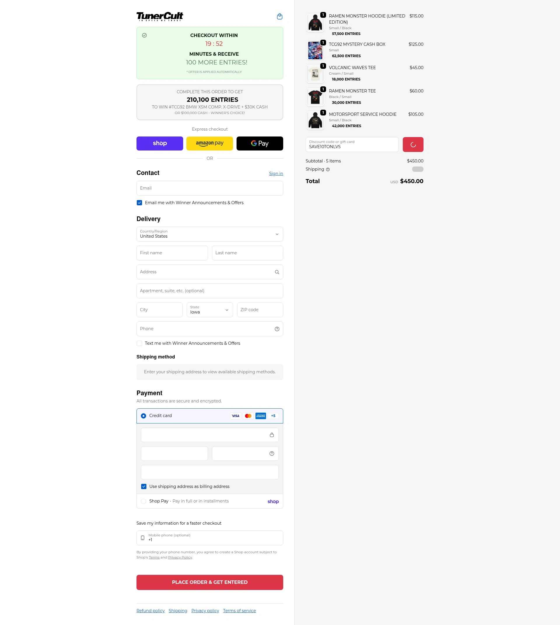 Tuner Cult checkout page showing Tuner Cult promo code box | Screenshot taken by SimplyCodes community member on Feb 13, 2026