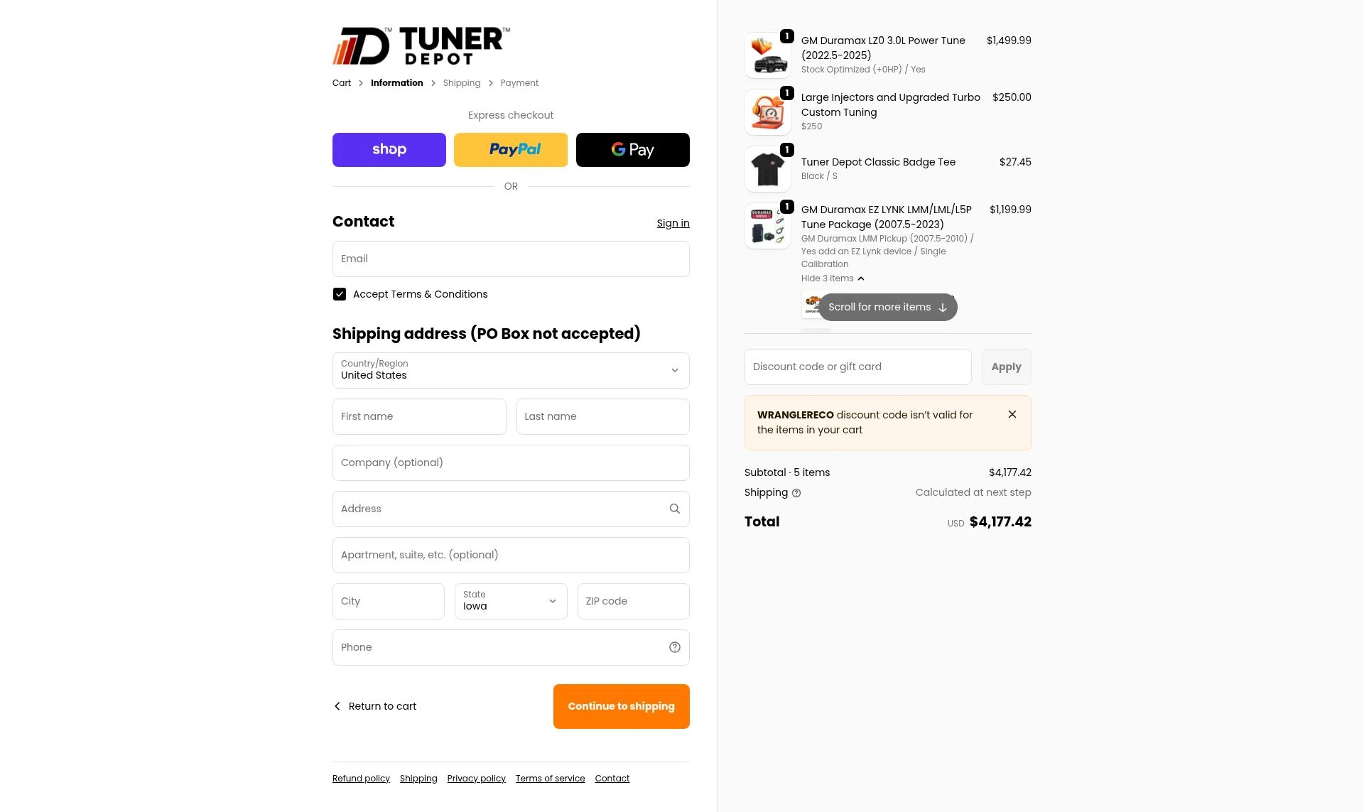 Tuner Depot checkout page showing Tuner Depot discount code box | Screenshot taken by SimplyCodes community member on Feb 10, 2026