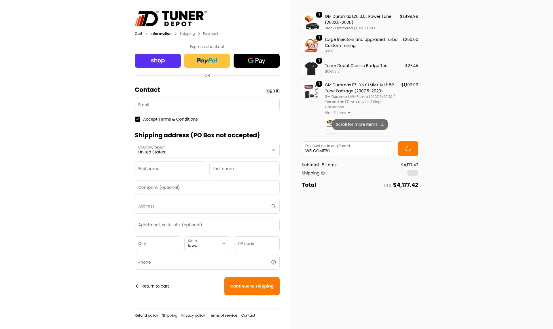 Tuner Depot checkout page showing Tuner Depot discount code box | Screenshot taken by SimplyCodes community member on Feb 19, 2026