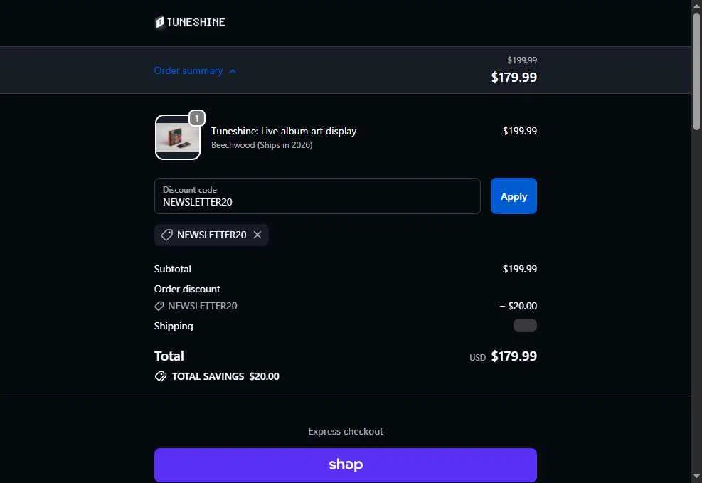 Tuneshine checkout page showing Tuneshine promo code box | Screenshot taken by SimplyCodes community member on Dec 20, 2025