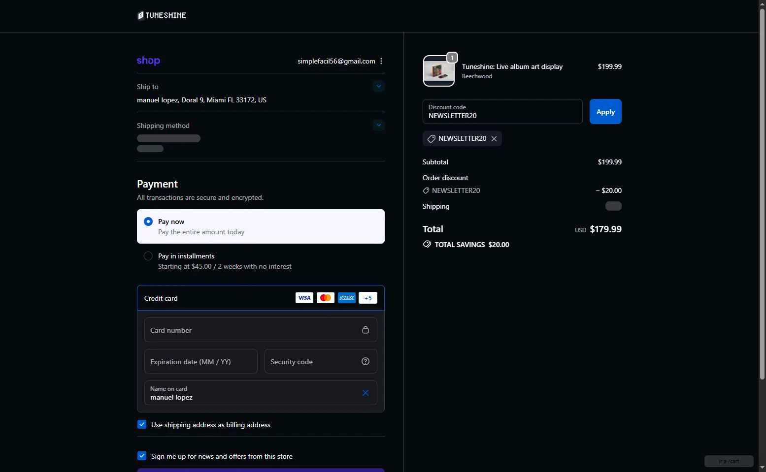 Tuneshine checkout page showing Tuneshine promo code box | Screenshot taken by SimplyCodes community member on Sep 25, 2025