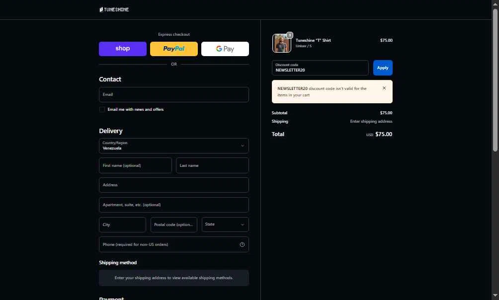 Tuneshine checkout page showing Tuneshine promo code box | Screenshot taken by SimplyCodes community member on Nov 21, 2025
