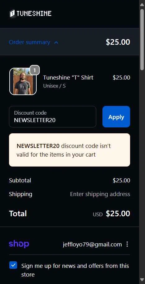 Tuneshine checkout page showing Tuneshine promo code box | Screenshot taken by SimplyCodes community member on Sep 25, 2025