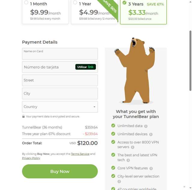 TunnelBear checkout page showing TunnelBear promo code box | Screenshot taken by SimplyCodes community member on May 8, 2025