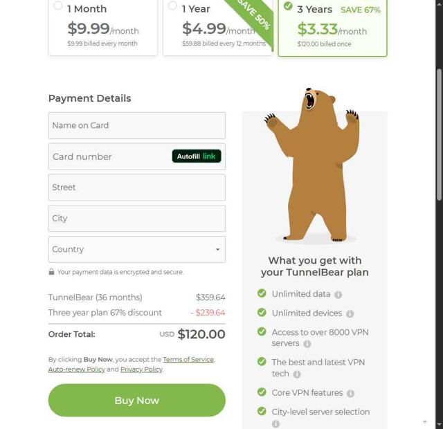 TunnelBear checkout page showing TunnelBear promo code box | Screenshot taken by SimplyCodes community member on Apr 18, 2025