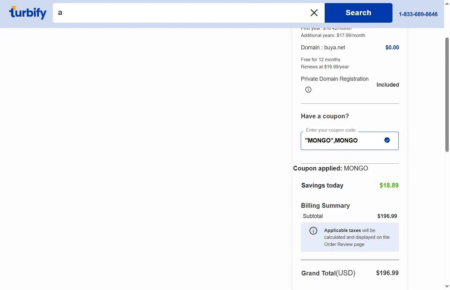 Turbify checkout page showing Turbify coupon code box | Screenshot taken by SimplyCodes community member on Aug 4, 2025
