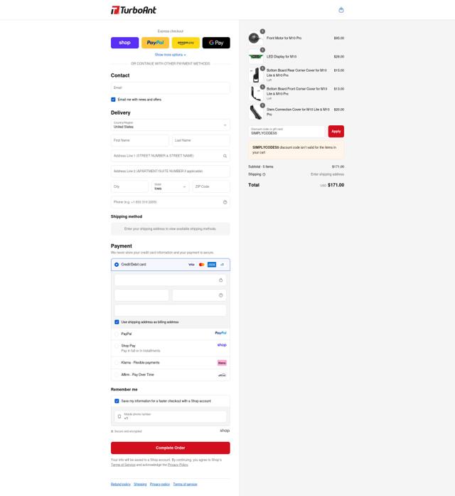 Turboant checkout page showing Turboant discount code box | Screenshot taken by SimplyCodes community member on Sep 10, 2025
