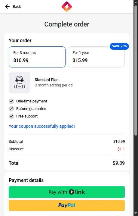 Turbologo checkout page showing Turbologo coupon code box | Screenshot taken by SimplyCodes community member on Jul 6, 2025