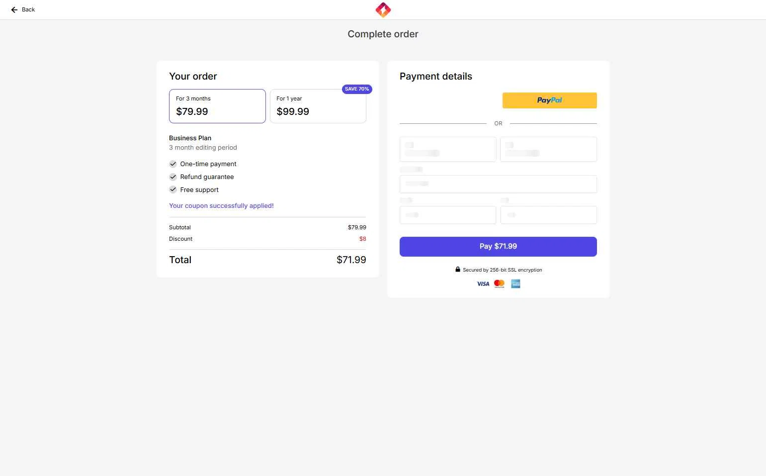 Turbologo checkout page showing Turbologo coupon code box | Screenshot taken by SimplyCodes community member on Aug 4, 2025