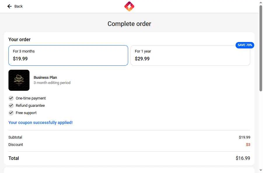 Turbologo checkout page showing Turbologo coupon code box | Screenshot taken by SimplyCodes community member on May 24, 2025