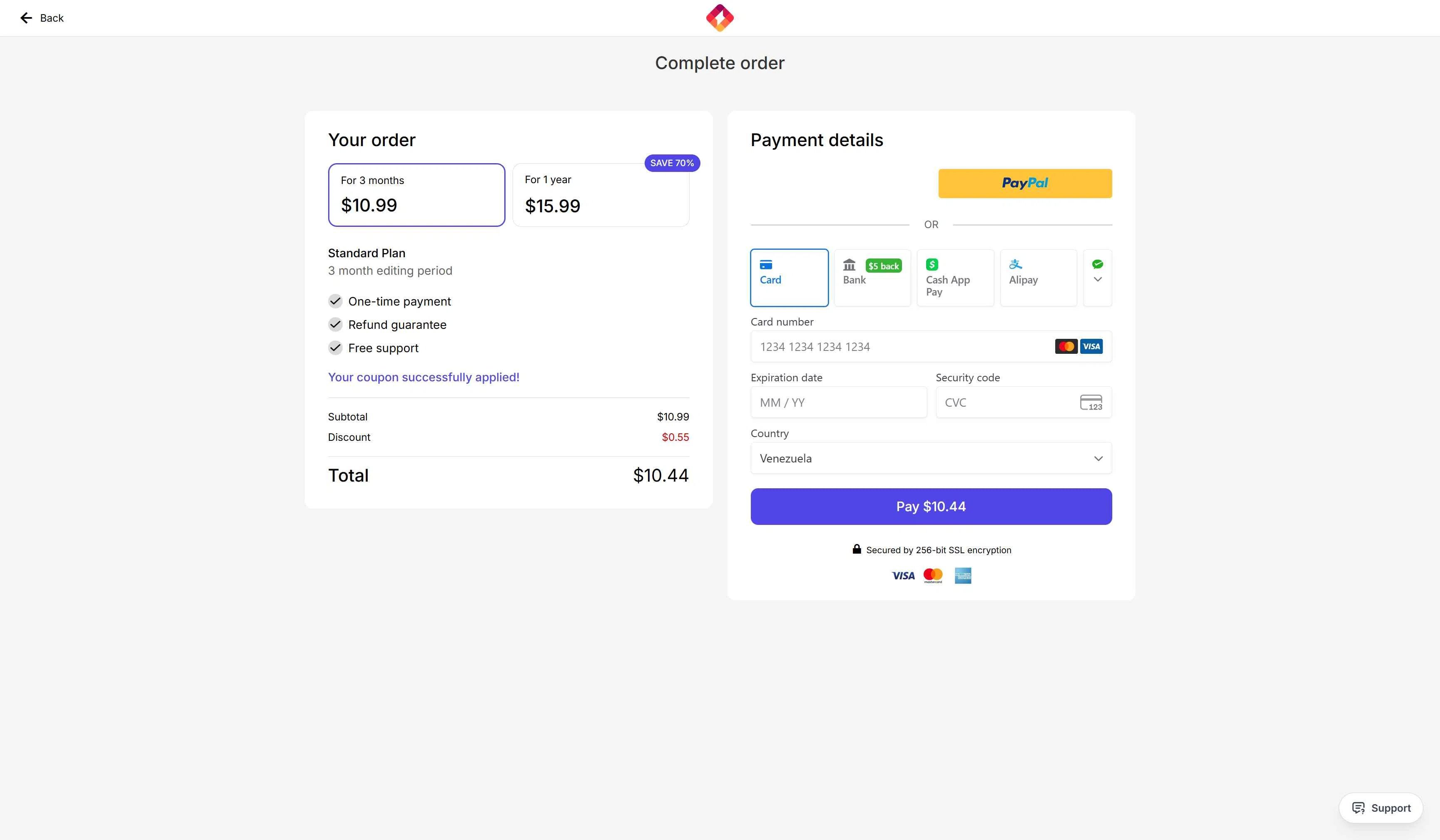 Turbologo checkout page showing Turbologo coupon code box | Screenshot taken by SimplyCodes community member on Jan 5, 2026
