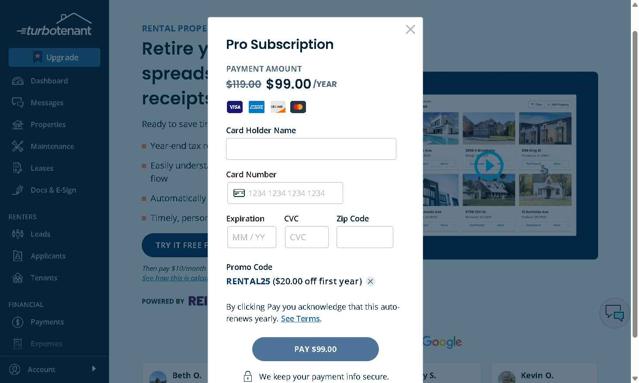 TurboTenant checkout page showing TurboTenant promo code box | Screenshot taken by SimplyCodes community member on May 20, 2025
