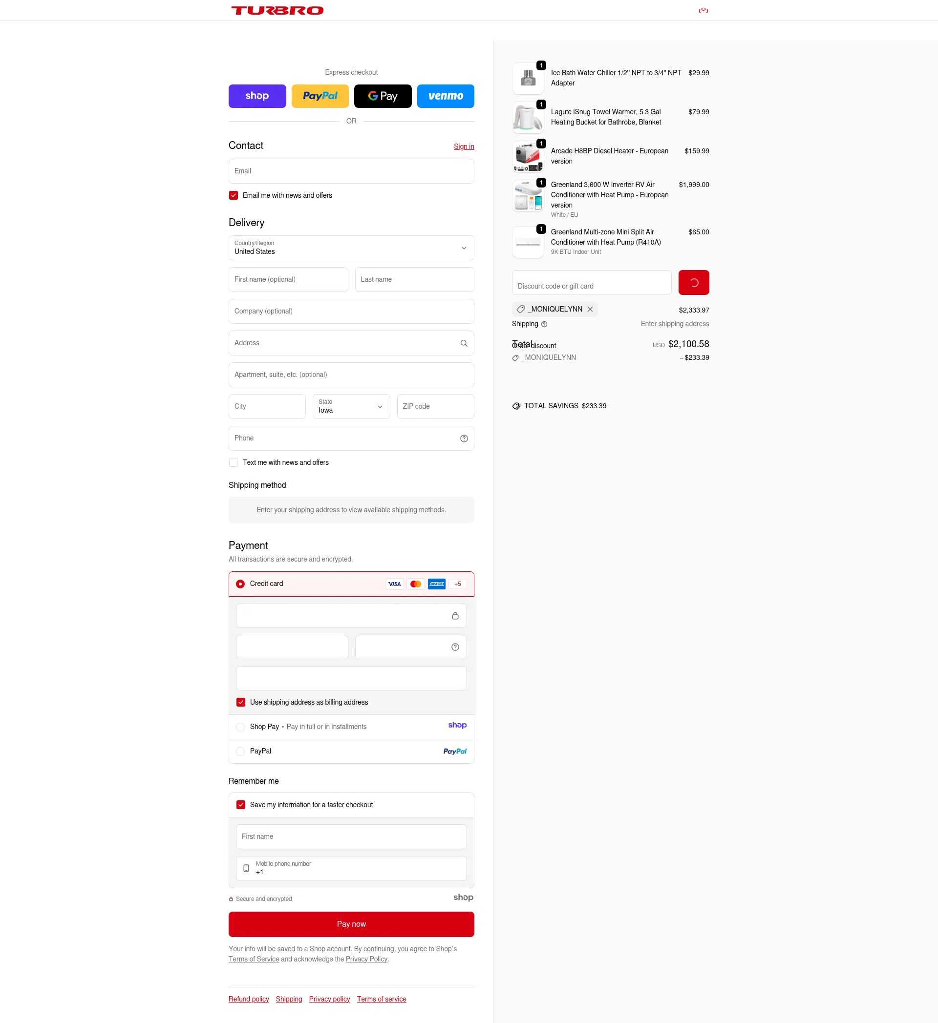 TURBRO checkout page showing TURBRO promo code box | Screenshot taken by SimplyCodes community member on Jan 2, 2026