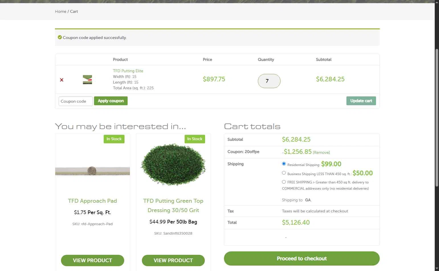 Turf Factory Direct checkout page showing Turf Factory Direct coupon code box | Screenshot taken by SimplyCodes community member on Oct 24, 2025
