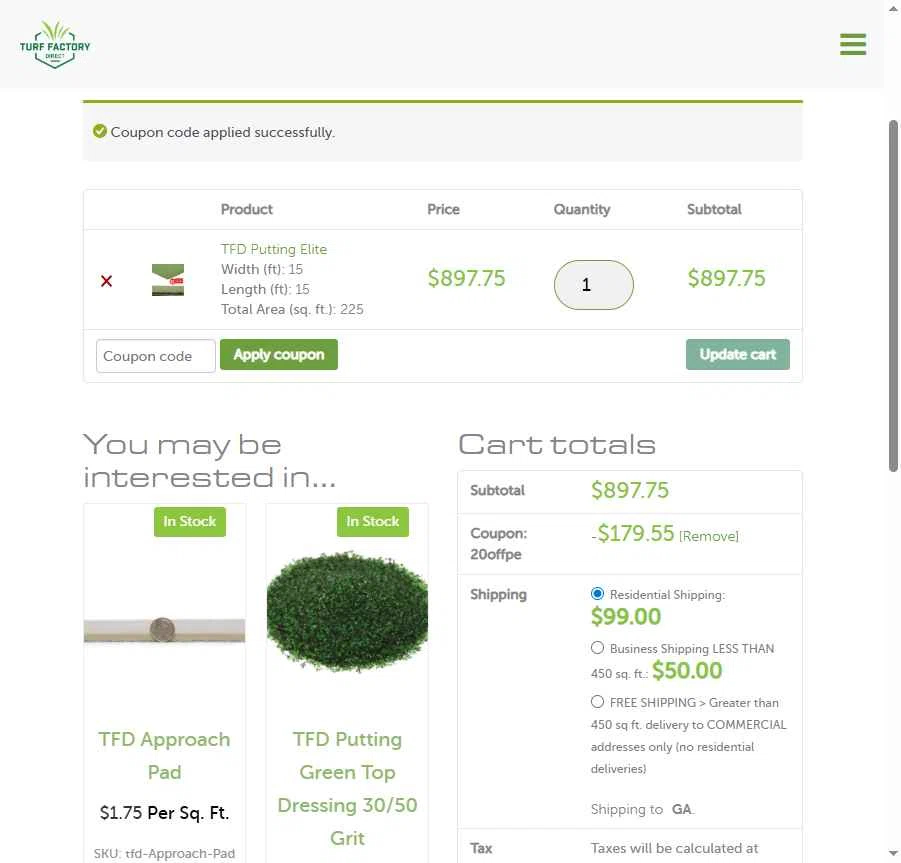 Turf Factory Direct checkout page showing Turf Factory Direct coupon code box | Screenshot taken by SimplyCodes community member on Nov 11, 2025