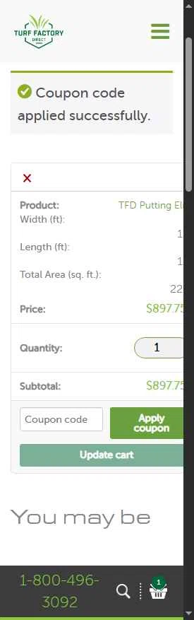 Turf Factory Direct checkout page showing Turf Factory Direct coupon code box | Screenshot taken by SimplyCodes community member on Nov 11, 2025