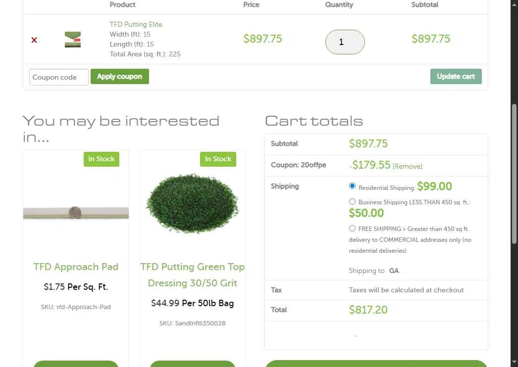 Turf Factory Direct checkout page showing Turf Factory Direct coupon code box | Screenshot taken by SimplyCodes community member on Dec 8, 2025