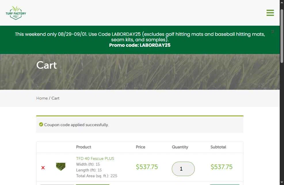 Turf Factory Direct checkout page showing Turf Factory Direct coupon code box | Screenshot taken by SimplyCodes community member on Aug 31, 2025